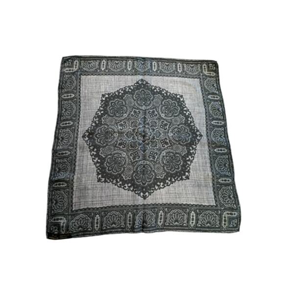 "BY DAMON" Black/Gray 100% Silk Ornate Handkerchief Hand Rolled Scarf Accessory - Picture 4 of 5